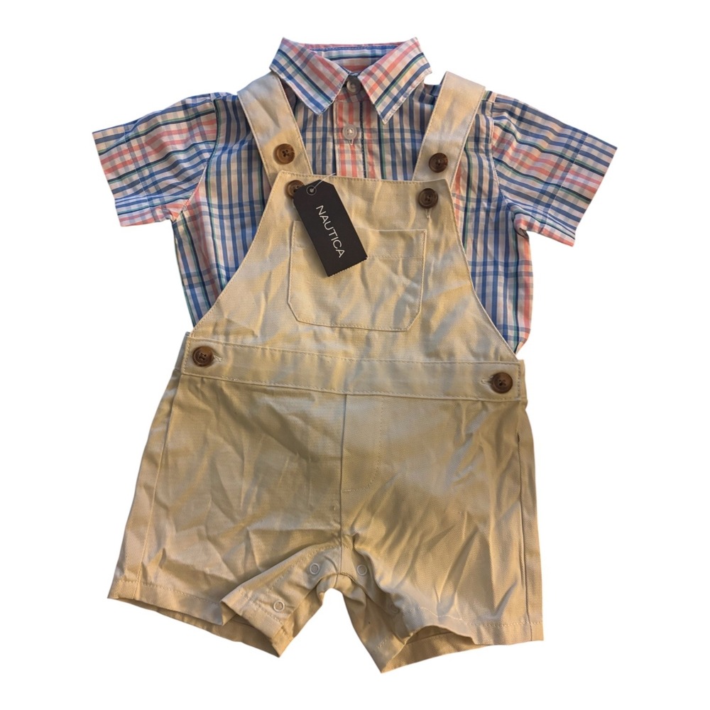 Nautica Baby Boys 12M 2Piece Plaid Shirt and Tan Overall Shorts Set New